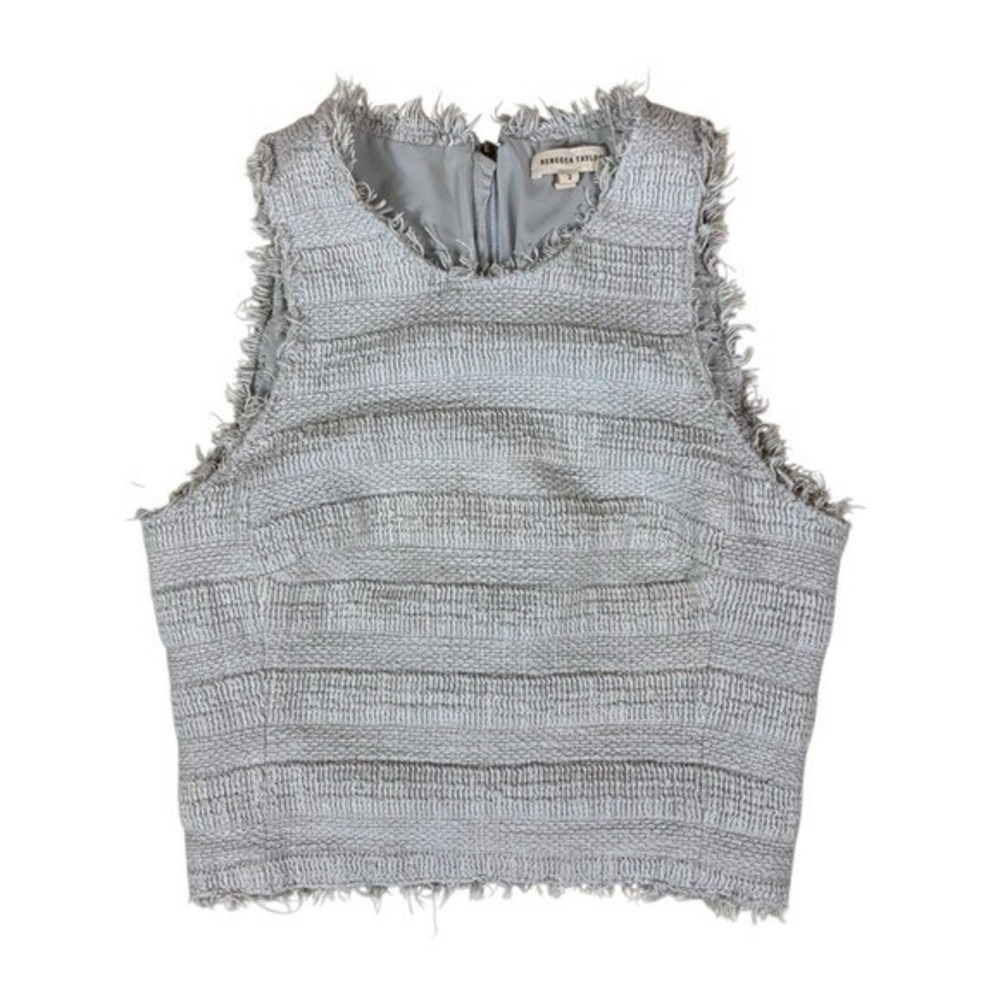 Rebecca Taylor Textured Fringe Sleeveless Crop Top Back Zip Light Gray Size 2